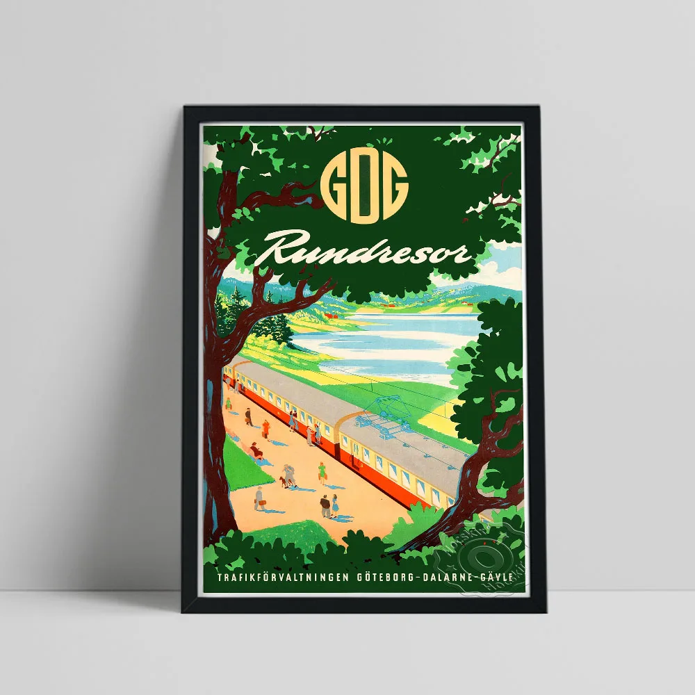 

World Trave Poster, Swedish Railway Watercolor Landscape Art Prints, Vintage Nordic Scenery Wall Picture Home Kids Room Decor