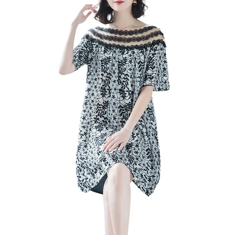 

M-5XL Plus Size Dresses for Women Party Lace Hollow Out Shoulder Oversized Chiffon Vintage Black Dress