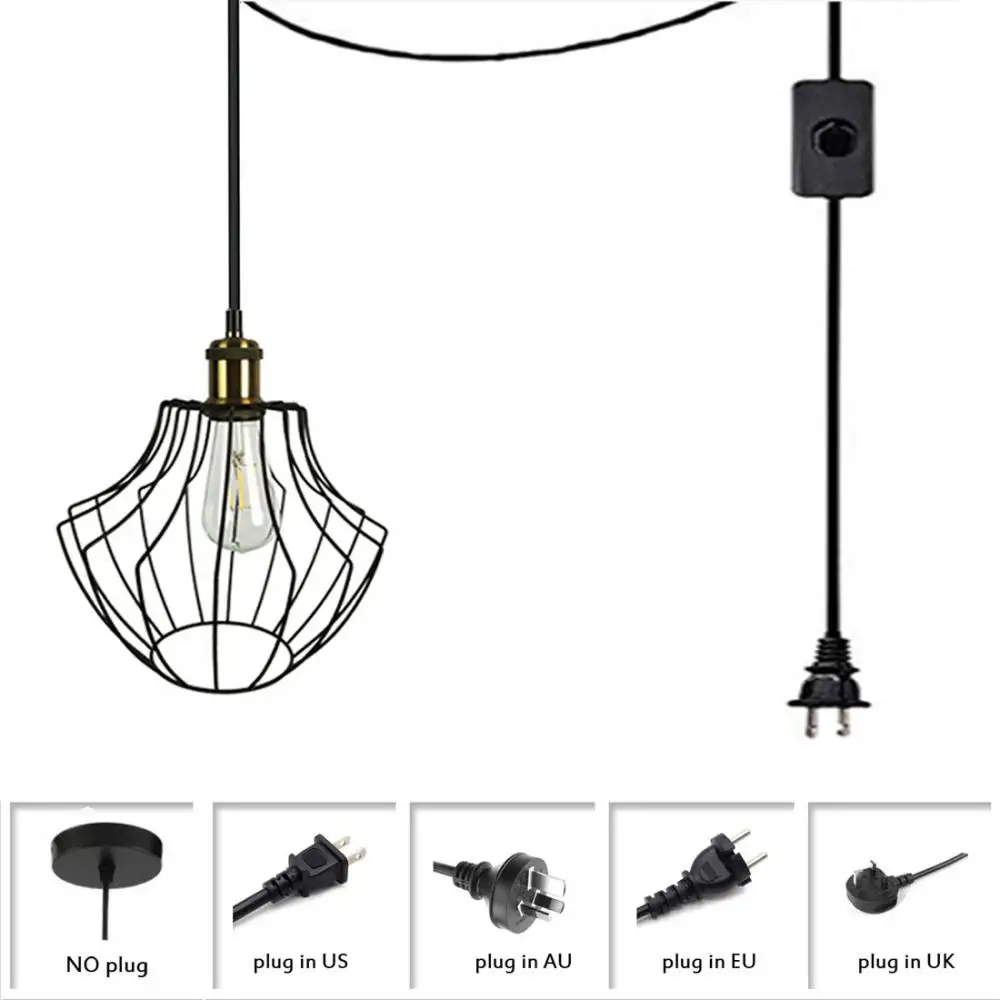 Подвесной светильник с черной проволочной клеткой подключаемый переключателем