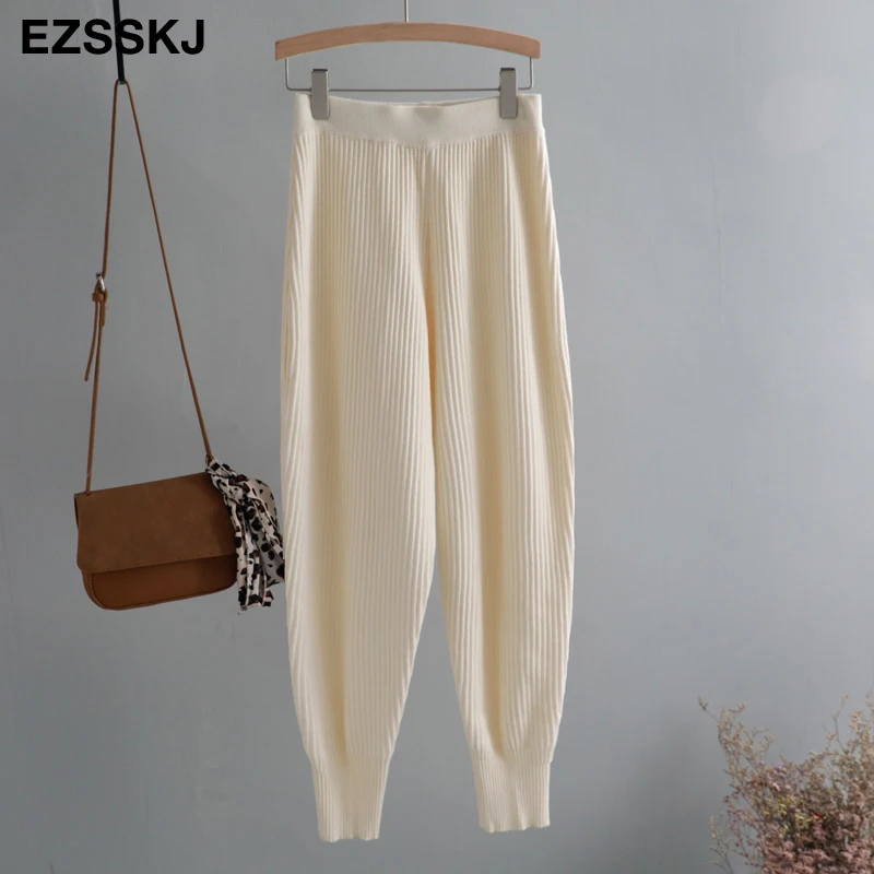 casual Elastic Waist Trousers Thick Knitted Women Harem Pants Autumn Winter Sport swear female sweater Radish pants Grandma