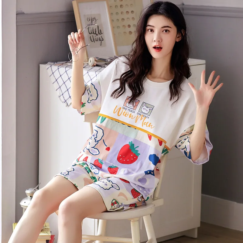 

Summer Sleepwear Breathable Cotton Pajama Cartoon Girl Pijamas Set Loose Women's Pyjamas 2PCS Short Sleeve Short Pants Homewear