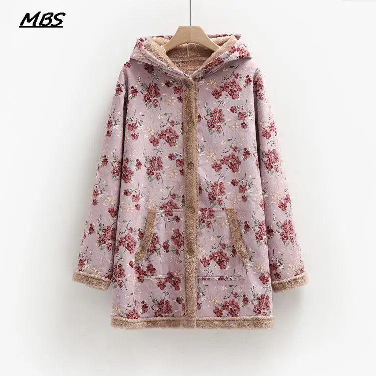 Trendy Winter Women Hoodie Coat Faux Fur Coat Vintage Flowers Print Pullover Button Hooded  Pockets Cotton Parka Oversize Jacket