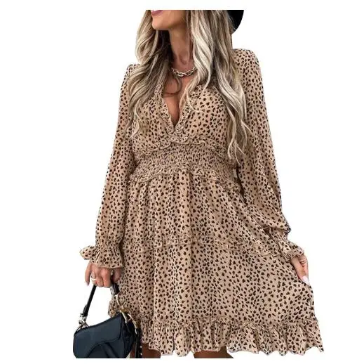 

European and American Spring and Autumn Women Fashion Chiffon Ruffles Sexy Vestidos Leopard Print V-Neck Elastic Waist Dresses