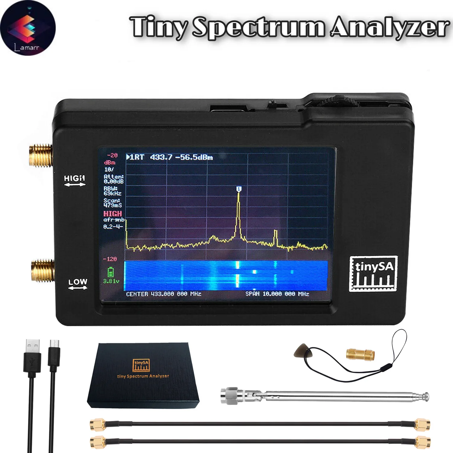 Портативный анализатор спектра TinySA, два входа, крошечный сенсорный экран 2,8 дюйма, от 100 кгц-960 МГц, Анализаторы аудиоспектра