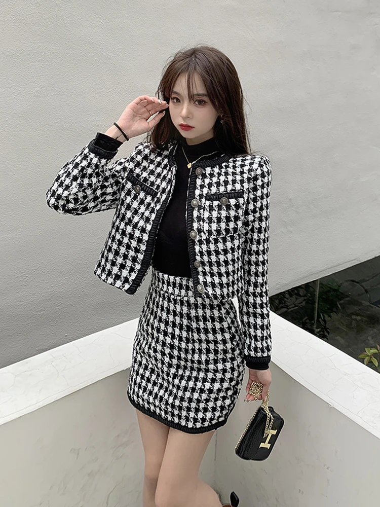 

Женский костюм из двух предметов Xiaoxiangfeng на весну и осень, новый модный костюм из твидовой лапки с длинными рукавами, Куртка и юбка