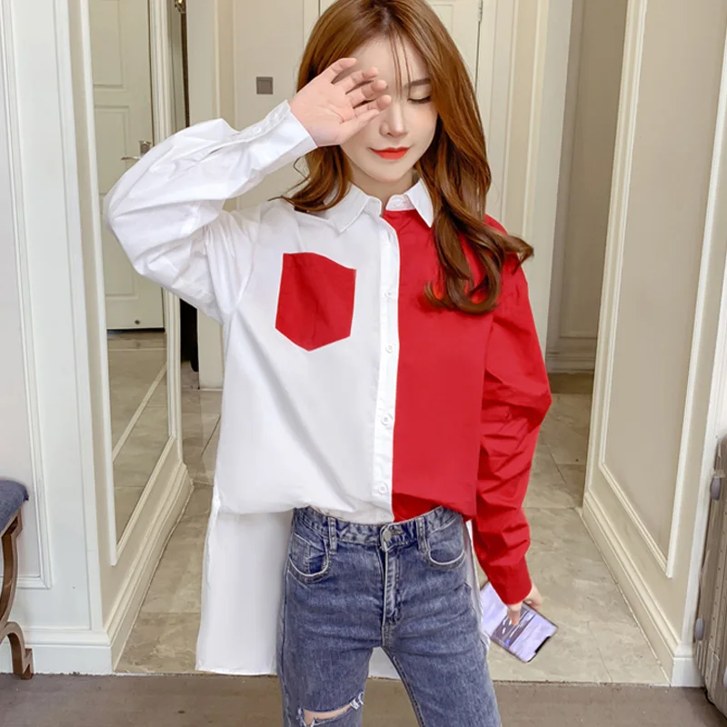 Женская рубашка с длинным рукавом Повседневная Свободная блузка составного кроя