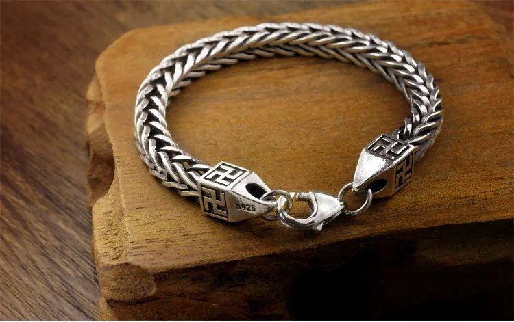 

925 Sterling Thai Silver Men's Bracelet Vintage Polished Weave Chain Bracelets Fine Jewelry Simple Trendy Punk Gift