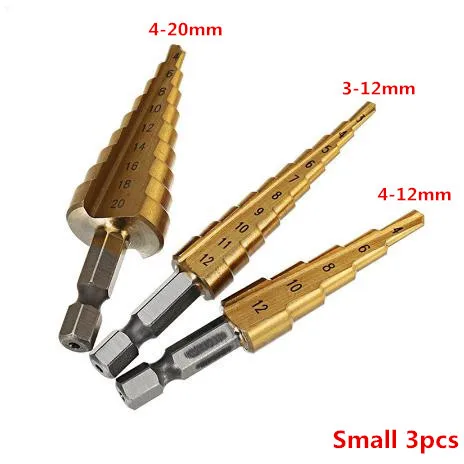 Small 3pcs Многоразмерные HSS Стальные титановые ступенчатые сверла 4-12/4-20/4-32 мм ступенчатые конусные режущие инструменты сталь Деревообработка Дерево Металл сверление - Цвет: Small 3pcs