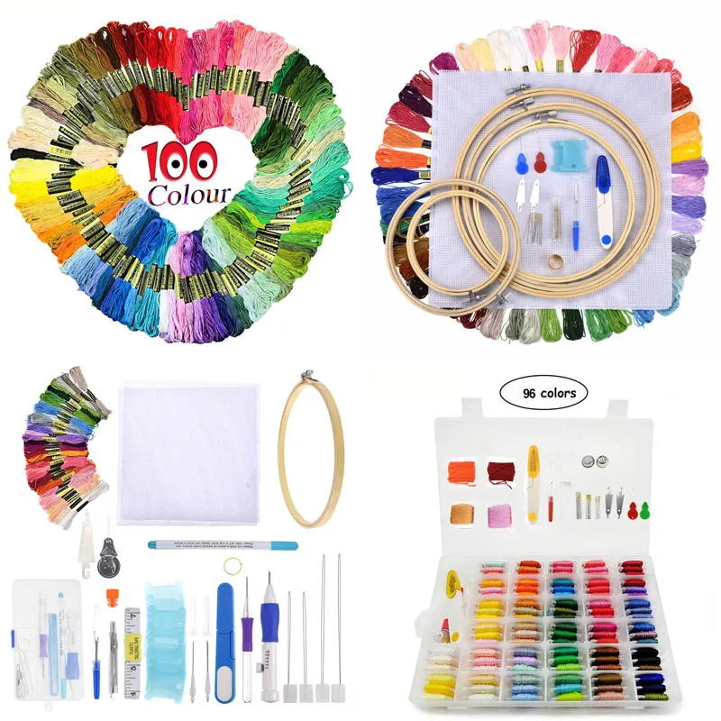 

8 Styles Cross Stitch Floss Embroidery Kits 50/100/150pcs Colorful Embroidery Threads Embroidery Hoop Punch Needle Pen Set