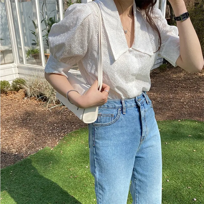 

HziriP White V-Neck Embroidery Lapel Sweet Chic Hot 2021 Loose OL Gentle Party Short Sleeves Lace Fashion New Slim Women Shirts