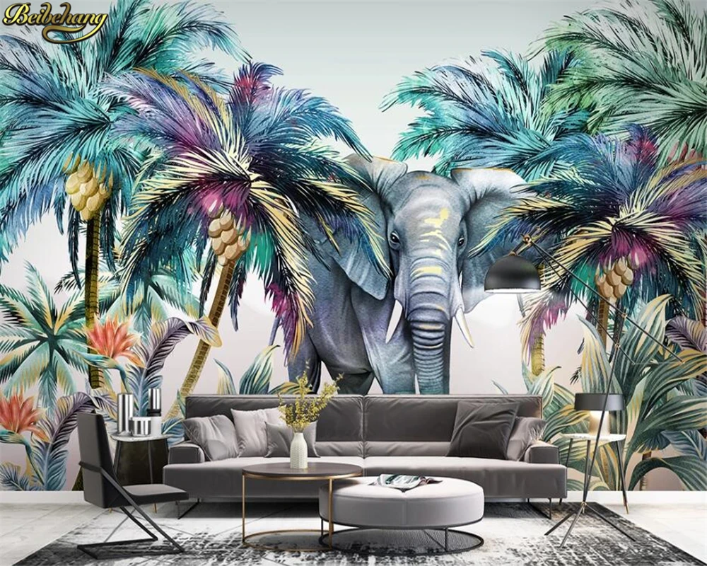 3d обои ручная роспись лес животное Тропическое растение слон кокосовое дерево