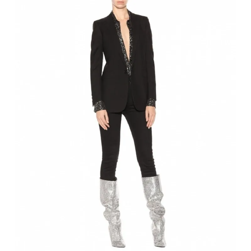 

Winter Women's Boots Silver Bright Diamond Special-shaped High-heeled Knee-high Boots Crystal Strange Style Heels Shoes Woman