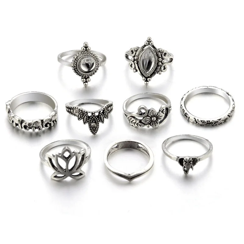 

New Retro Exaggerated Hollow Carved Big Gem Lotus Shape 10-piece Set Ring Jewelry Accessories