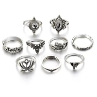 new retro exaggerated hollow carved big gem lotus shape 10 piece set ring jewelry accessories