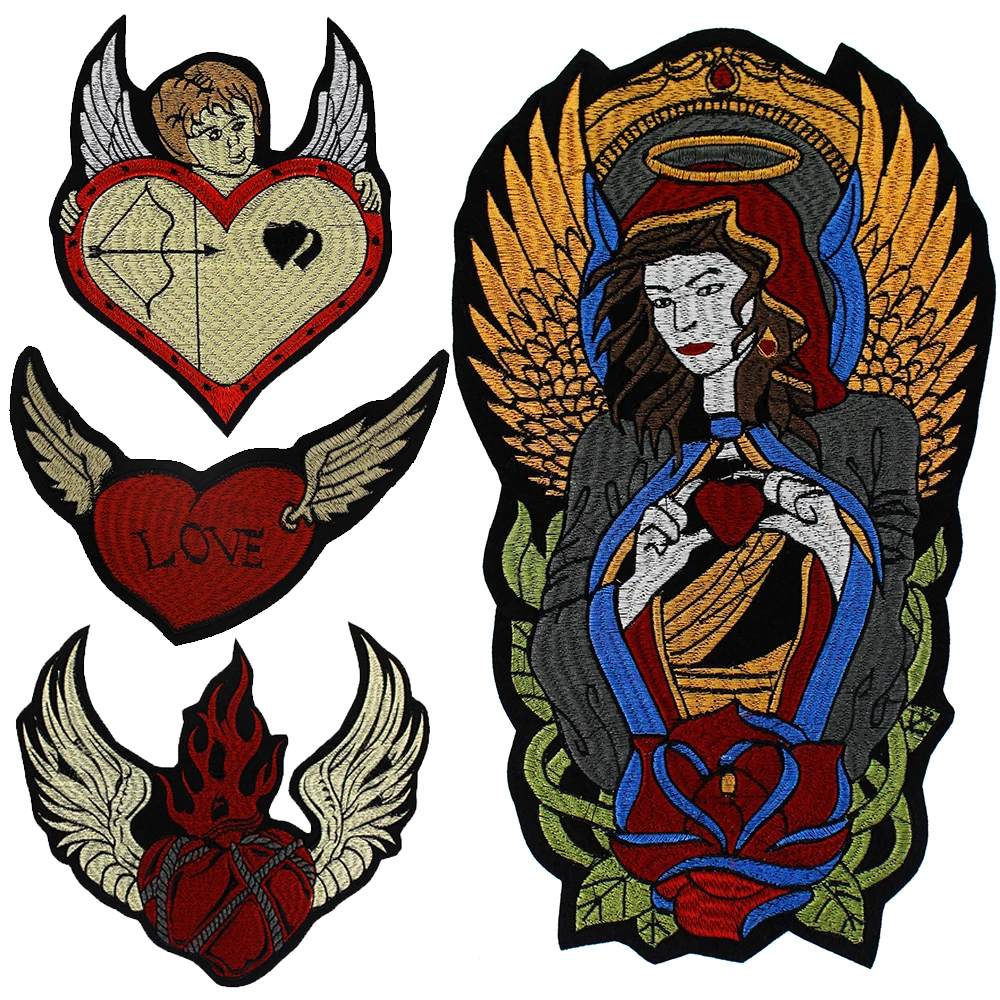 Angel Fire Flame Wings Arrow Heart Applique Embroidery Holy Father God Cupid Fairy Iron on Clothes Hat Decoration Patches 2pc