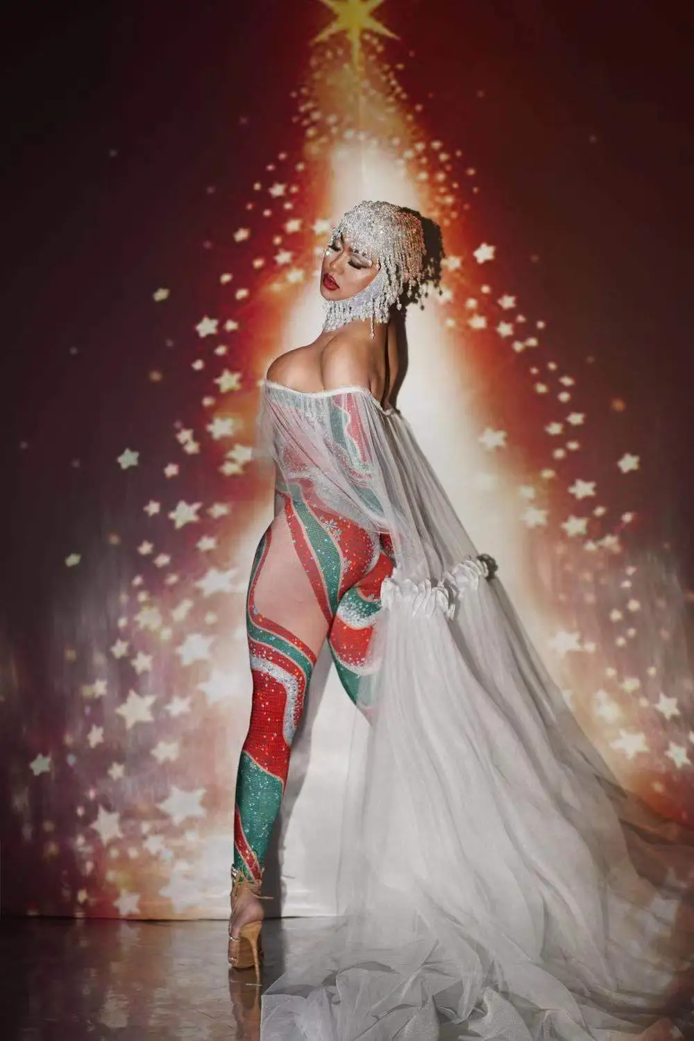 Christmas Sexy Women Skinny Red Green Rhinestone Tube Top Long Sleeves Jumpsuits with Hat Party Prom Women Performance Costumes