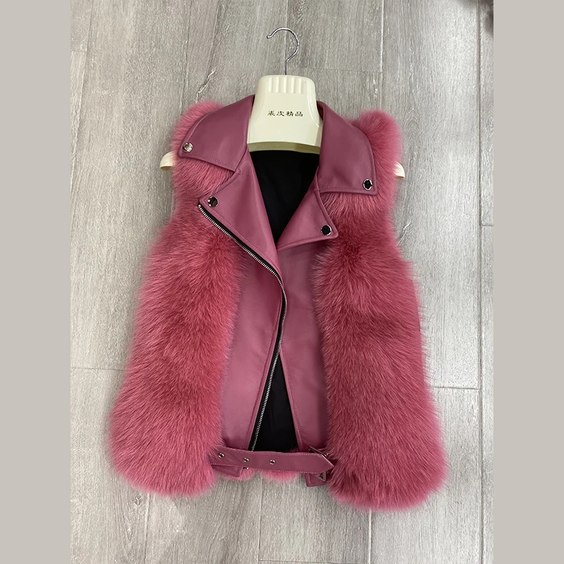 2020 Winter Stylish Fox Fur Vest Ladies Locomotive Coat Women's Short Slim Sleeveless Jacket
