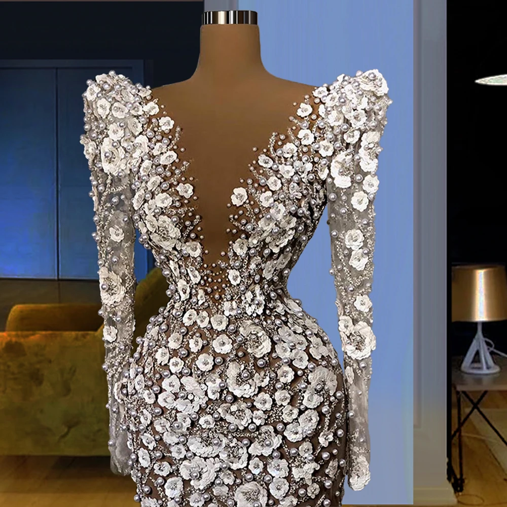 

Luxury Romantic Large Quantity Pearls Flowers Illusion Wedding Dress for Bride High Quality FOW32921