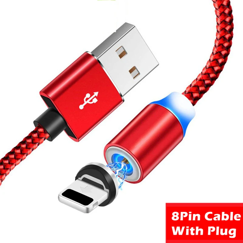 1 м 2 м длинный Магнитный кабель USB C Micro USB светодиодный Usb кабель для зарядки для iPhone 8X11 Pro samsung S8 S9 A8 A80 A50 A5 A7 - Цвет: Red 8Pin