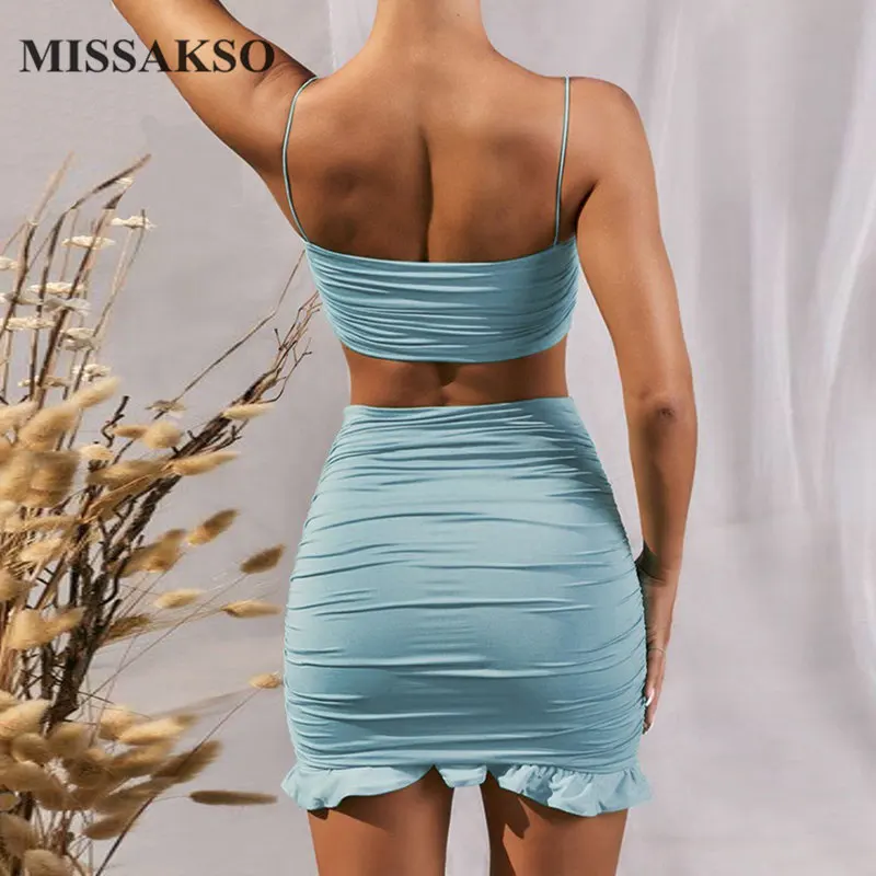 

Missakso Summer Sexy Spaghetti Strap Crop Top and Mini Skirt Ruffles Backless Cami Club Party Ruched Women Solid Two Piece Set