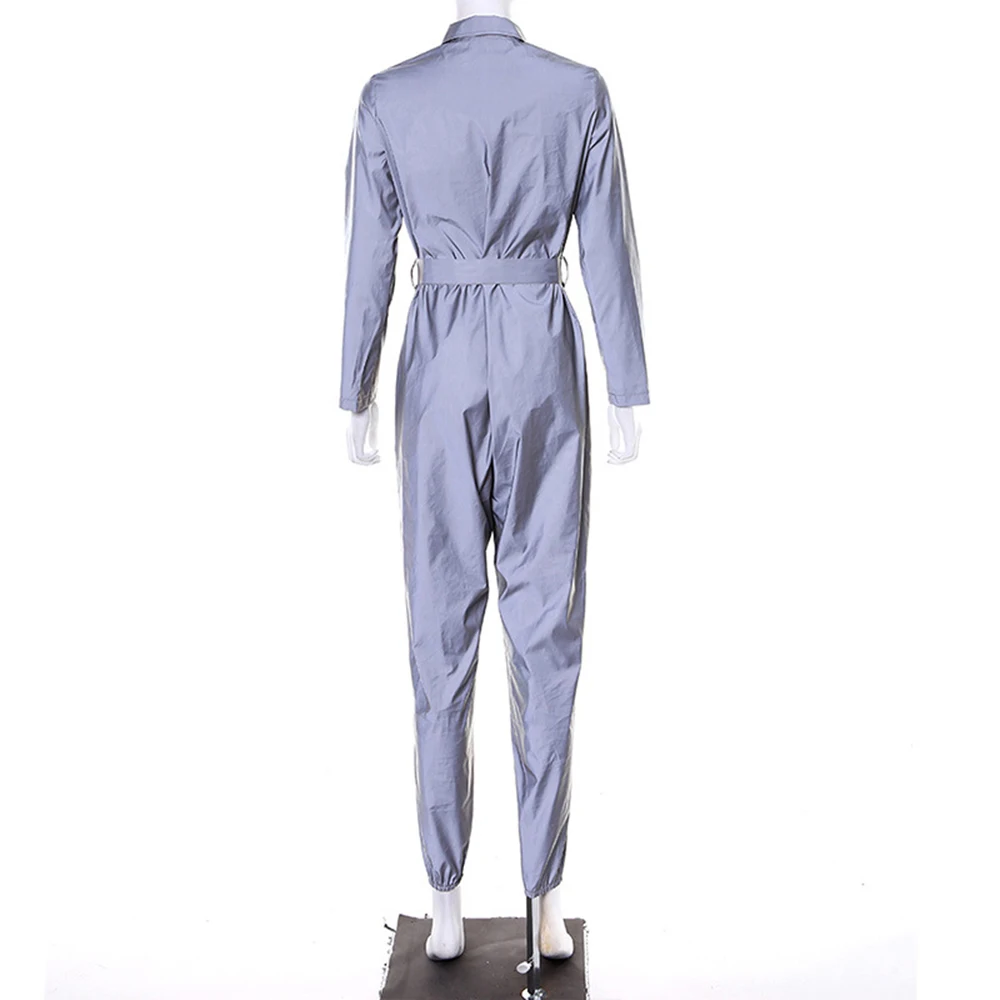 Cool Women Reflective Long Zipper Jumpsuit Rompers Outfits Belt Loose Long Sleeve Overalls Full Pants Jumpsuits Luminous Macacao