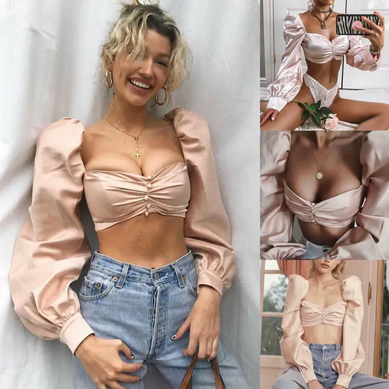 

Women Cropped Tops Button Casual T-shirts Long Puff Sleeve Slim Fit Crop Top