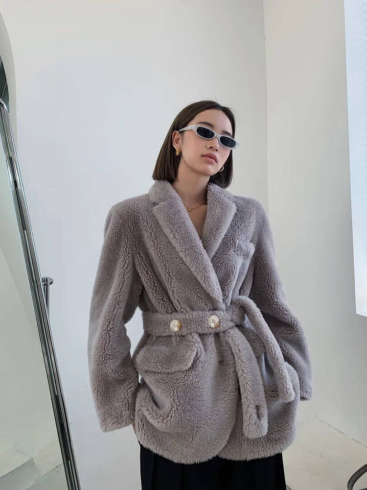 

OFTBUY 2022 Winter Jacket Women Natural Weave Wool Fur Real Fur Coat Blazer Belt Thick Warm Outerwear Streetwear Korea Luxury