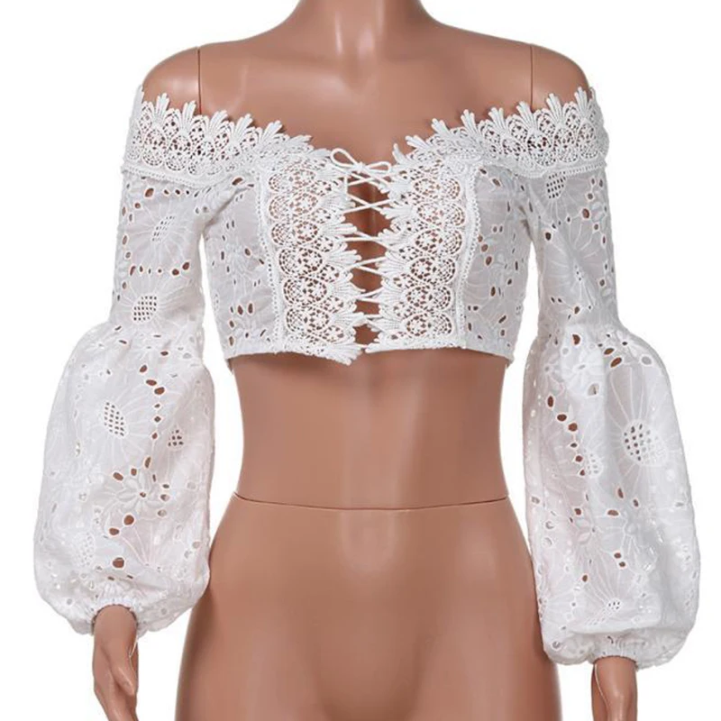 

Paris Girl Sexy Off Shoulder Lace-Up Slash Neck Embroidered Ladies Blouse Lantern Sleeve Hollow Out Crop Tops Women