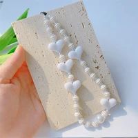 ins fashion simple style white striped beads heart shaped resin mobile phone imitation pearl chain telephone lanyard jewelry