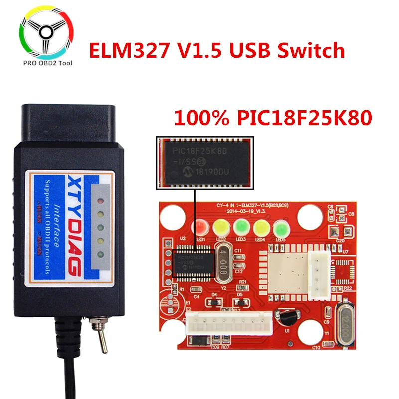 Чип PIC18F25K80 ELM327 V1.5 USB переключатель OBDII ELM 327 HS CAN /MS для Forscan OBD2 диагностический