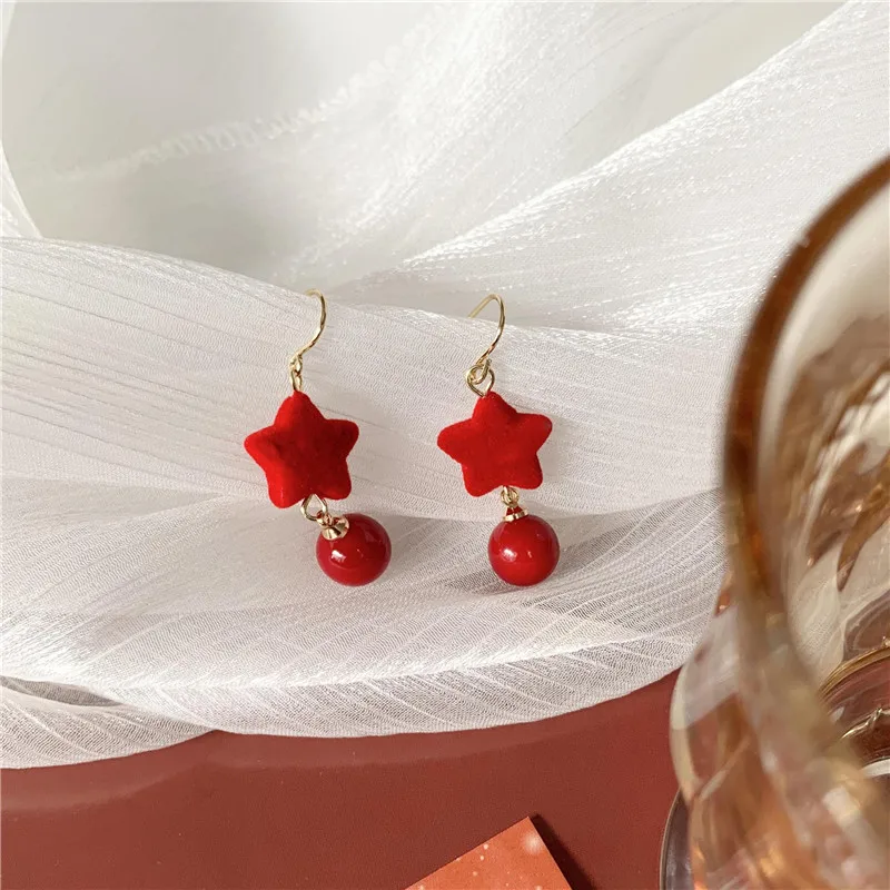 

Red Beads New Year Clip Earrings Holiday Star Chinese Earrings for Women