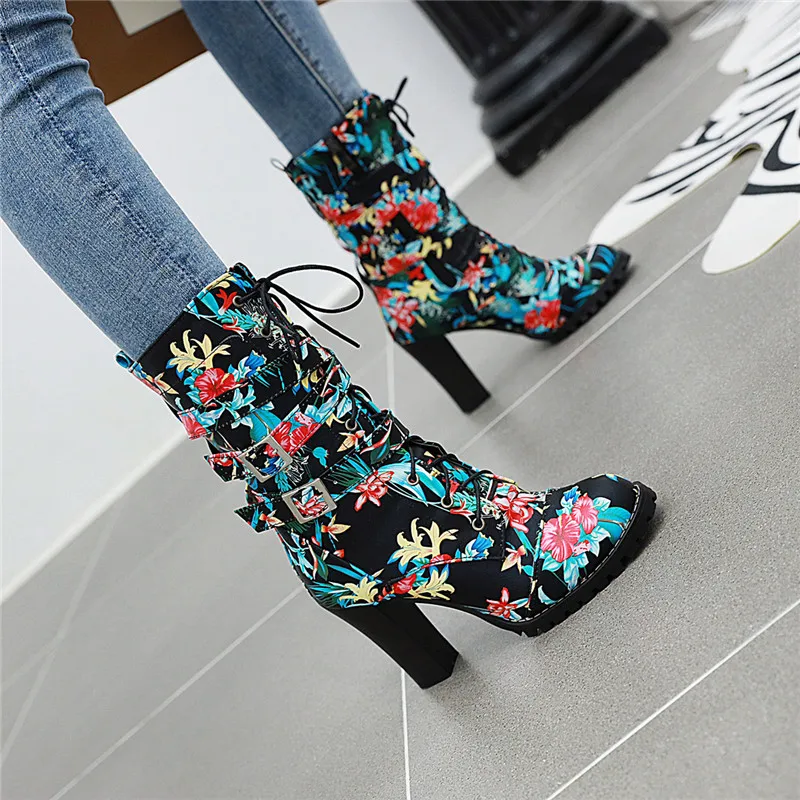 

ASUMER plus size 34-48 fashion ankle boots zip high heels prom boots flowers cross tied autumn winter boots womens 2020 new
