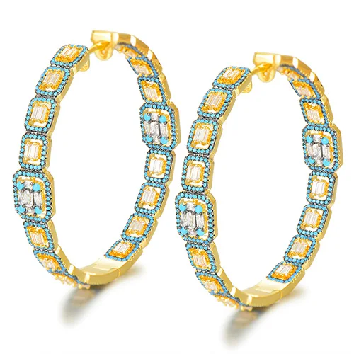 Turquoise GODKI 49 мм Роскошные Большие массивные серьги-кольца для женщин, свадебные серьги-кольца с геометрическим узором, полностью покрытые цирконием, нигерийские серьги-кольца - Окраска металла: Turquoise