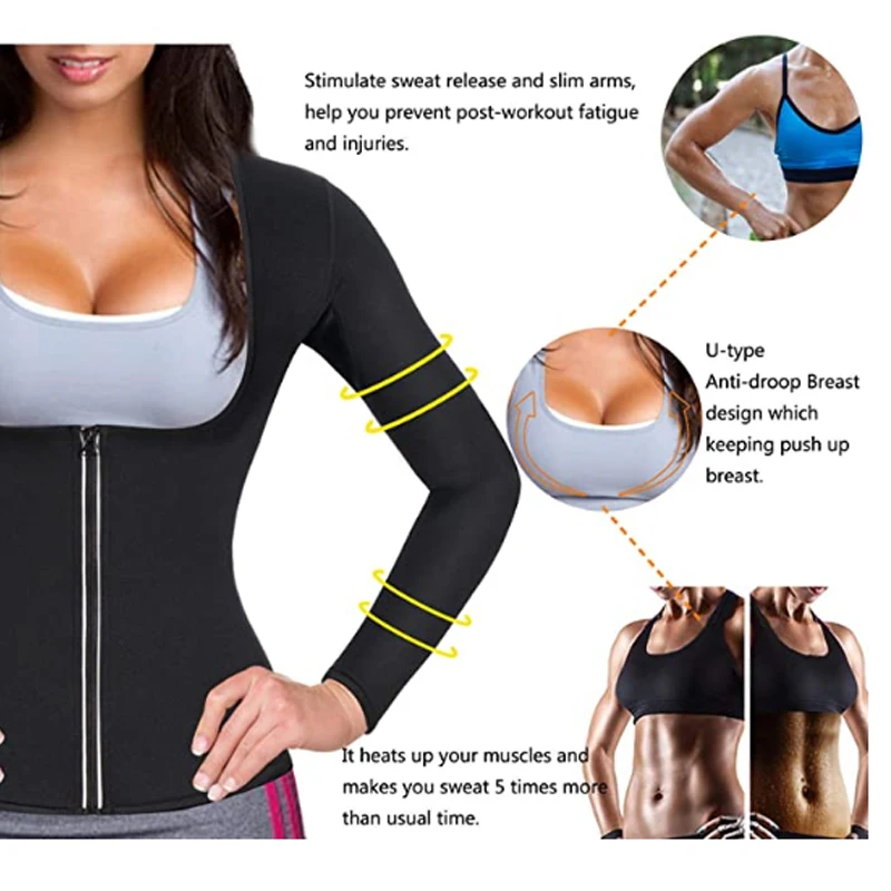 Women Sauna Body Shaper Sweat Suit Sleeve Spa Shirt Hot Neoprene Slimming Workout Vest Weight Loss Waist Trainer Corset Slim Top