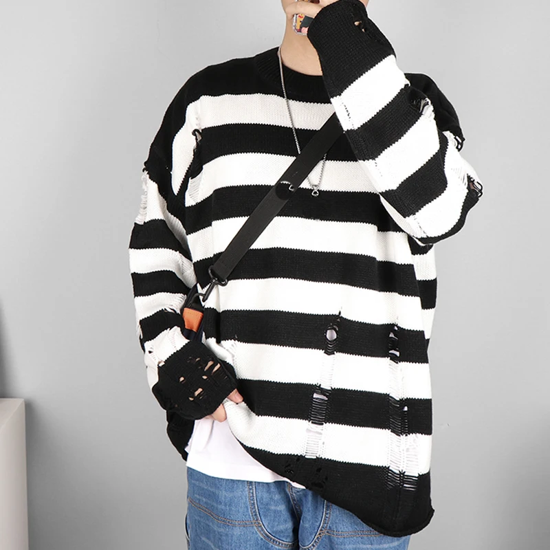 Джемпер мужской/женский в полоску трикотажный пуловер оверсайз с вырезом
