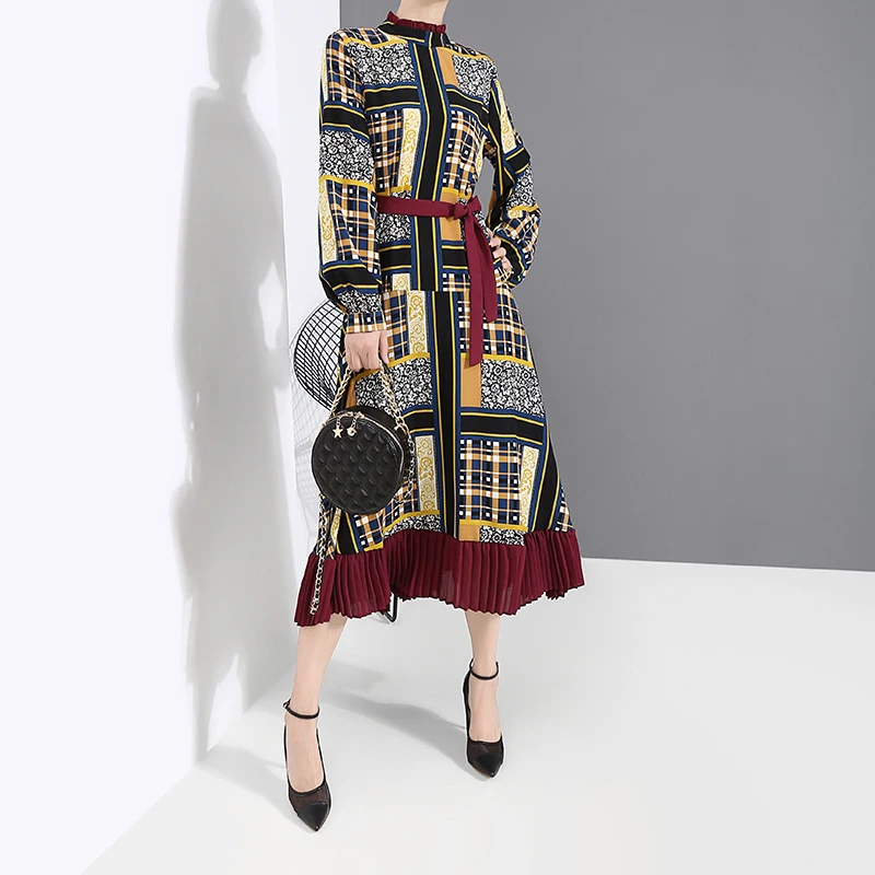 [EAM] Women Pattern Print Pleated Hit Color Dress New Stand Neck Long Sleeve Loose Fit Fashion Tide Spring Autumn 1A884