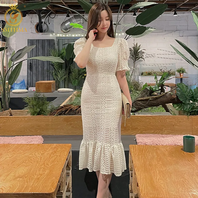 

SMTHMA 2022 New Fashion Korean Temperamen Summer Dresses Women's Square Neck Slim Lace Hollow Out Trumpet Mermaid Dress