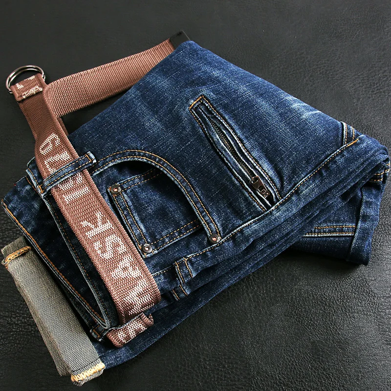 European American Street Fashion Men Jeans Retro Blue Elastic Slim Fit Biker Jeans Men Spliced Designer Hip Hop Denim Punk Pants