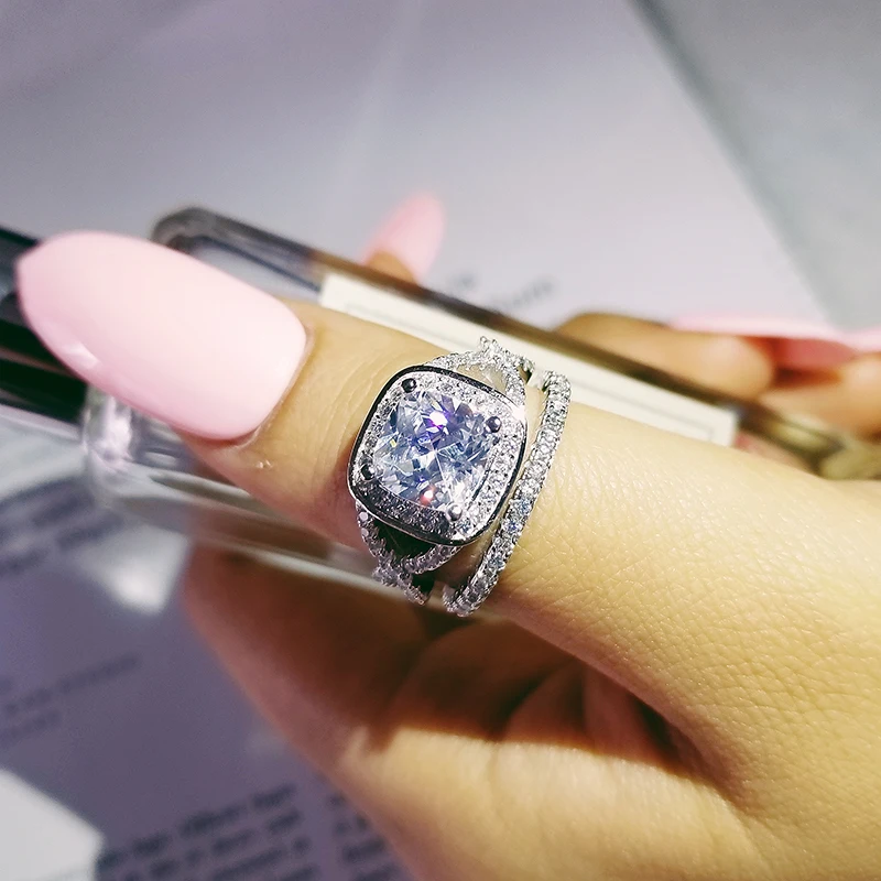 

vintage cushion cut zirconia 925 sterling silver wedding ring set for women bride engagement Jewelry Band eternity gift R4867