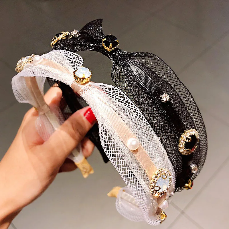 Новые женские элегантные кружевные простые обручи для волос с кристаллами