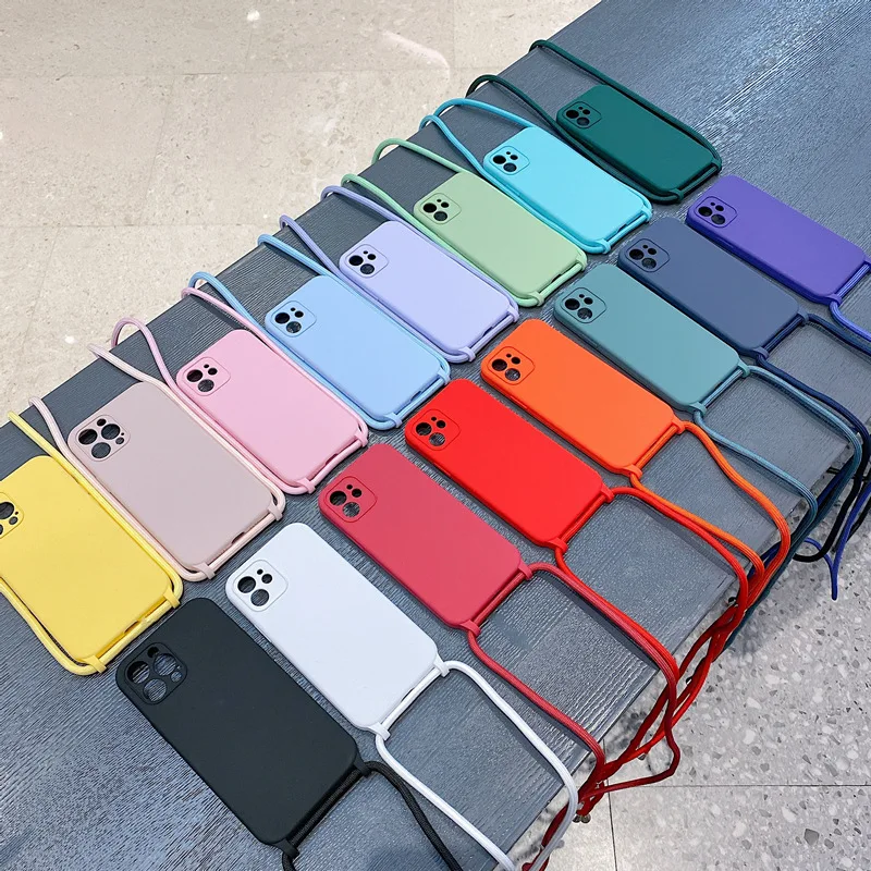 

Original Liquid Silicone Phone Cases For iPhone 12 11 Pro Max X XR XS Max 8 7 Plus Crossbody Lanyard Neck Strap Candy Cover