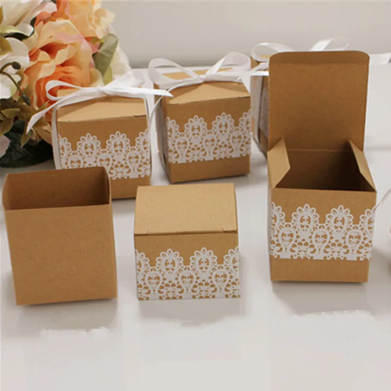 

100pcs Lace Bow Candy Dragee Box Kraft Paper with Ribbons Wedding Gift Box Mini Single Cake Cookie Box Packaging Bonbonniere