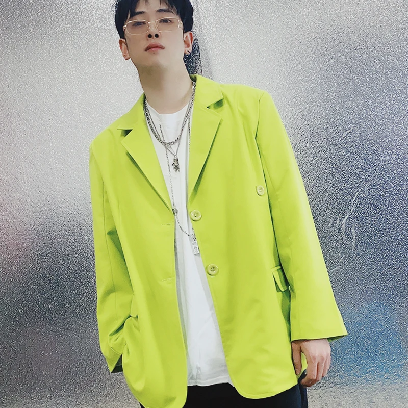 

2021 Men's single breasted casual suit jacket fluorescent green long-sleeved top for plus-size stage clothing M-6XL