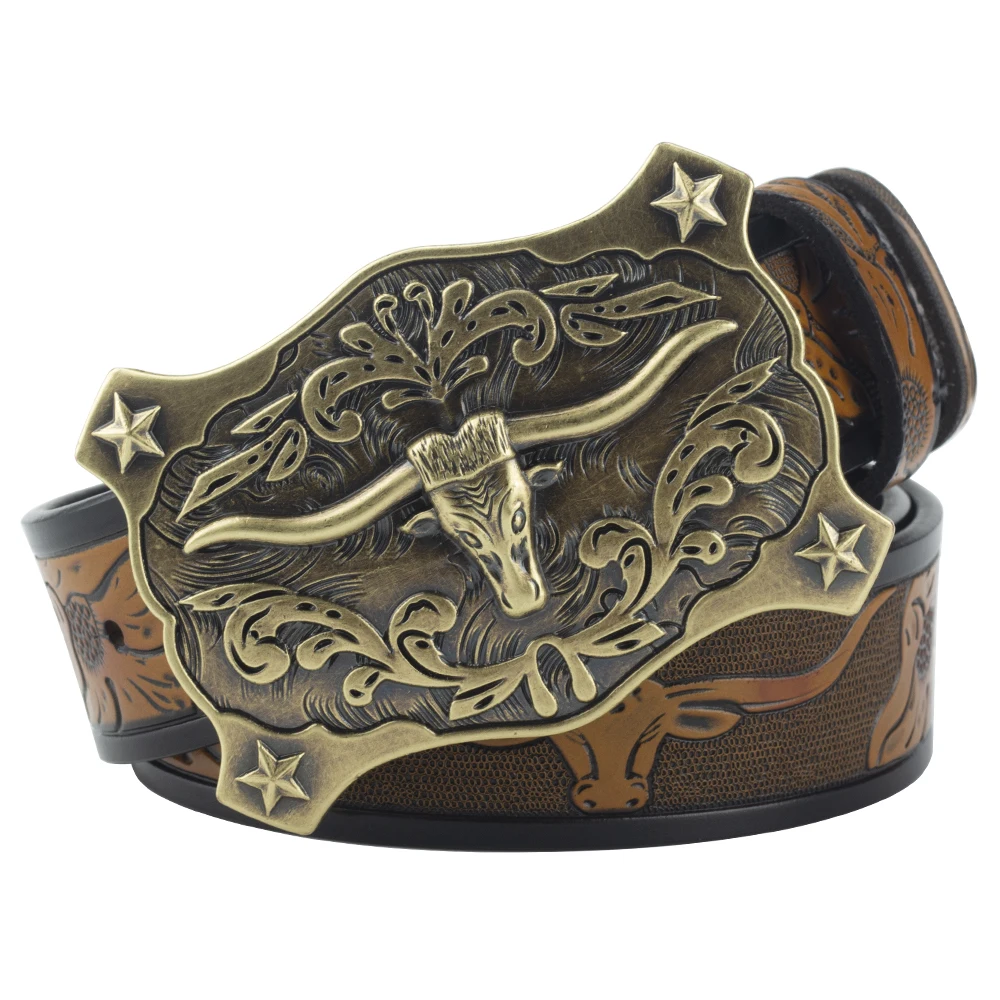 Western Men's Leather Embossed Belt Personality Fshion Cow Head Buckle Cowboy