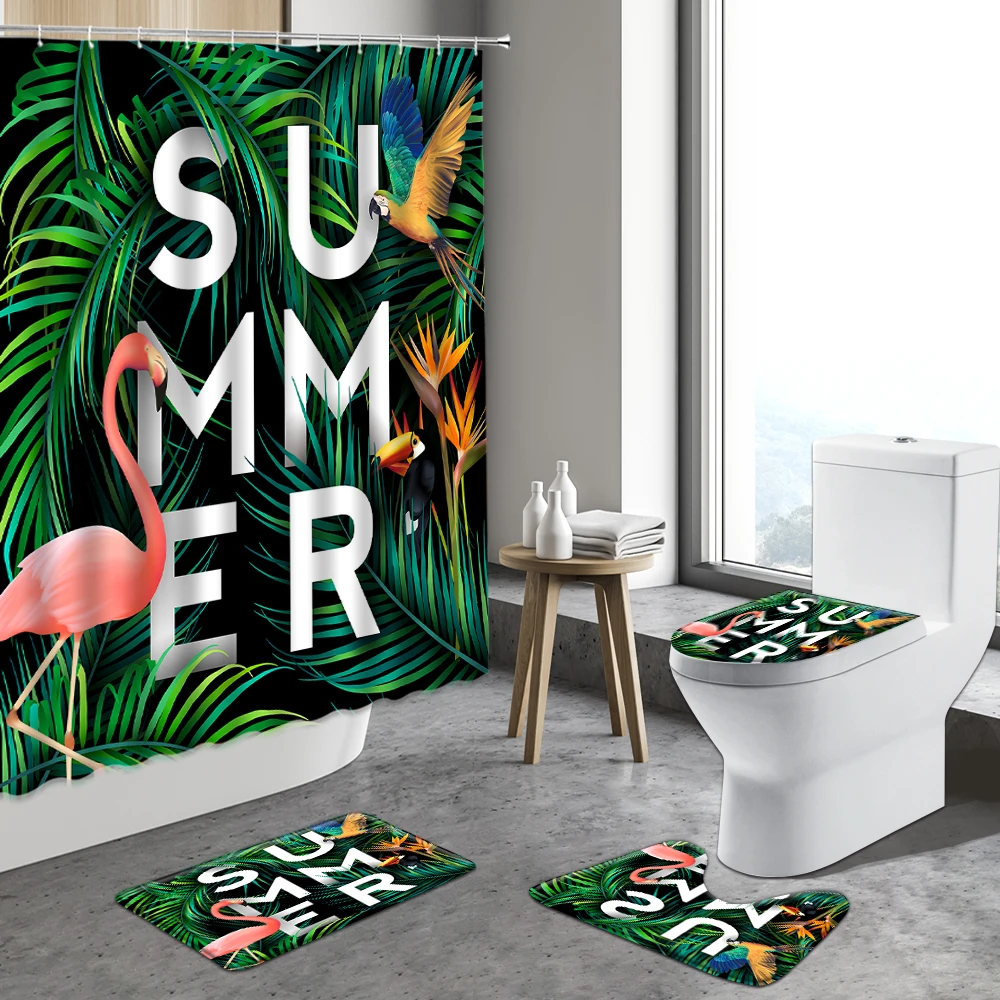 

Tropical Jungle Leaf Parrot Flamingo Shower Curtain Green Plants Curtains Bathroom Toilet Seat Cover Rugs Non-slip Bath Mats Set