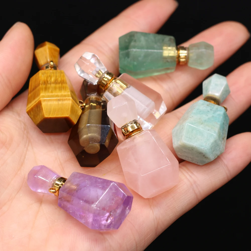 

1pcs Natural Stone Tiger Eye Amazonite Rose Quartzs Perfume Bottle Pendants Essential Oil Diffuser Pendant Women Size 20x38mm