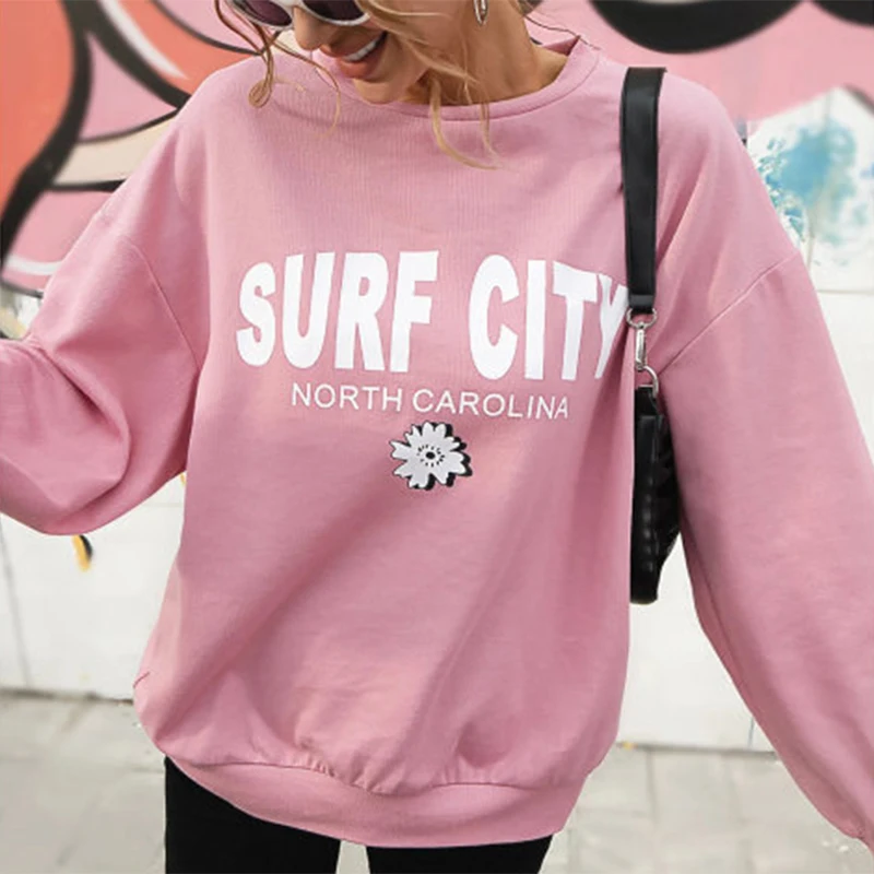 

Pink Letter Printing Oversized Crewneck Sweatshirt Women Vintage Loose Pullover Long Sleeve Fashion Tops Thin Spring Fall 2021
