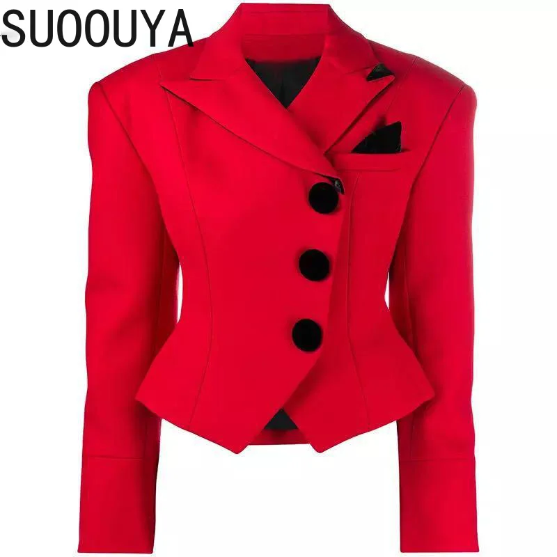 

[SUOOUYA] Women Red Short Irregular Blazers Women Jackets Plus Size Vintage All Match Suit Coats 2021 Newest Fashion Blazer