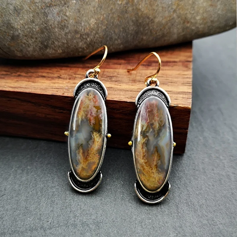 Новые серьги подвески в стиле ретро богемном с овальным лабрадором