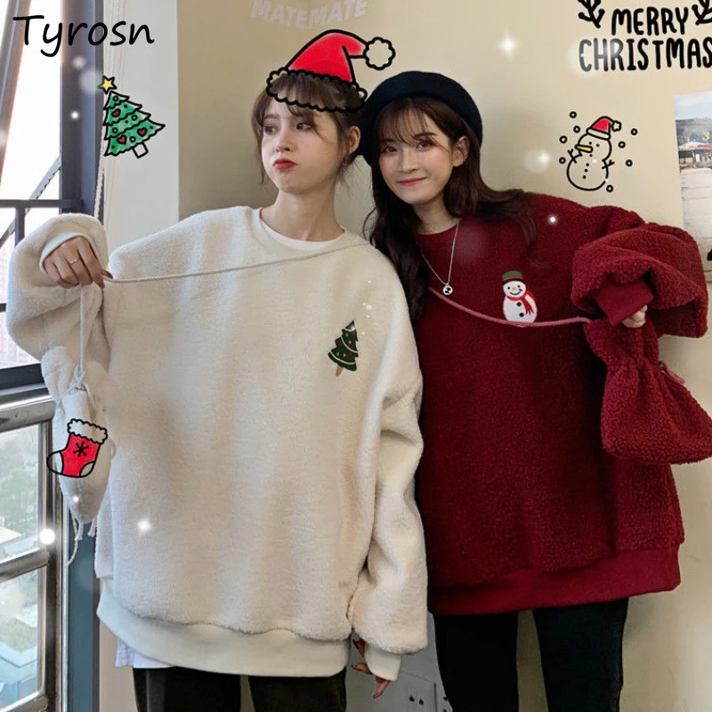 

Lambswool Christmas Hoodies Fluffy Sweatshirts Kawaii Girls Gift Winter Clothes Thicken All Match Round Neck Red Coat Fashion